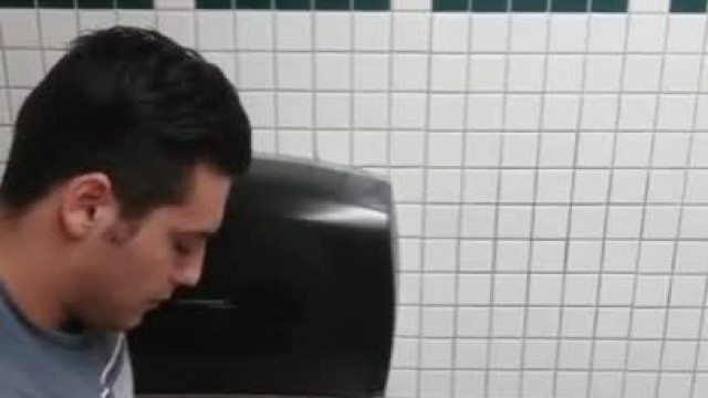 Cute Guy Jerking off and Cumming in Public Toilet